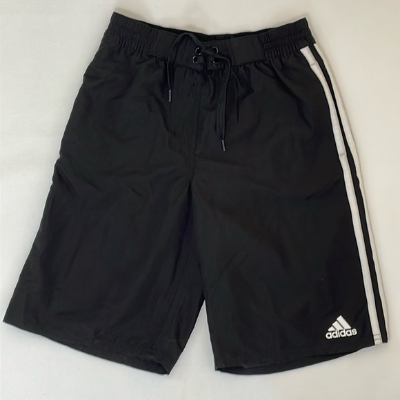 Adidas Shorts Black White Stripe Tie Front Mesh Lining Boys Size Medium 10/12 - Picture 1 of 10